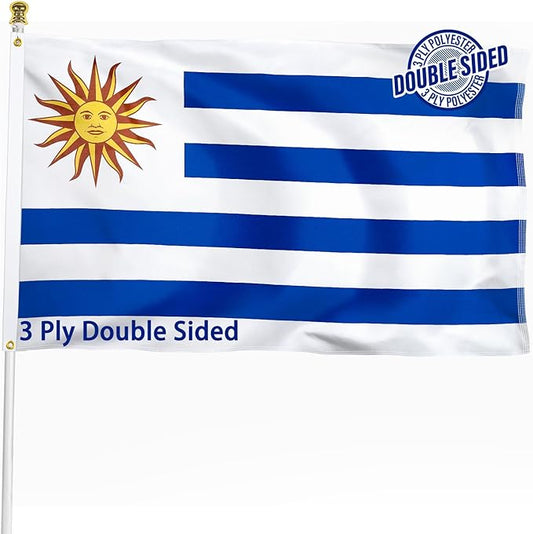Uruguay Uruguayan Flag 3x5 ft Outdoor, Double Sided 3 Ply Heavy Duty Uruguay National Country Flag, 100% Quality Polyester Uruguayan Banner with Brass Grommets 4 Rows Stitches