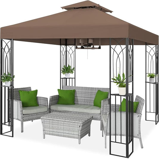COOS BAY 8x8 Outdoor Patio Gazebo with Corner Shelves, Two-Tier Soft Top Canopy for Backyard, Lawn, Deck and Garden, Brown
