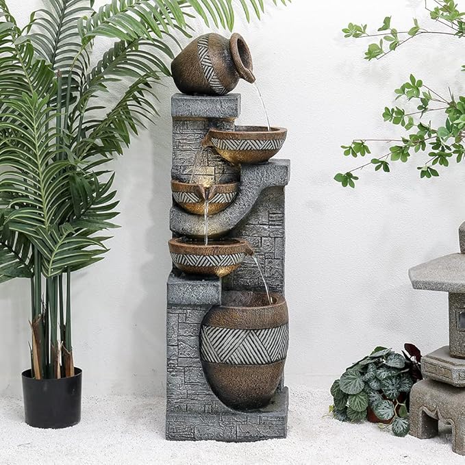 SunJet 5-Tiers Indoor/Outdoor Garden Water Fountain - 42.5inches Modern Floor-Standing Cascading Water Feature - Suitable for Deck, Patio, Porch, Yard Decor