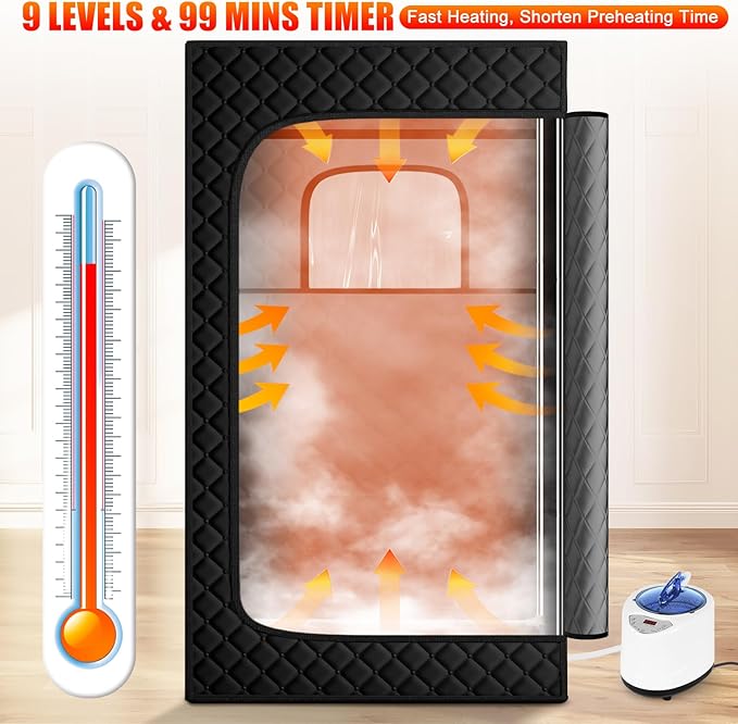 Upgraded Sauna Box for Relaxation, Detoxification, Portable Sauna for Home with Steamer, Remote Control, Folding Chair, 9 Levels, 2.6’ x 2.6’ x 5.9’