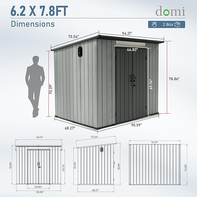 Domi 6.2x7.8 FT Outdoor Resin Storage Shed, All-Weather Double-Wall Storage Building with Sloping Roof for Backyard, Garden, Lawn Tools, Mower, Bike & Pool Equipment, Lockable Doors, Ventilated Roof