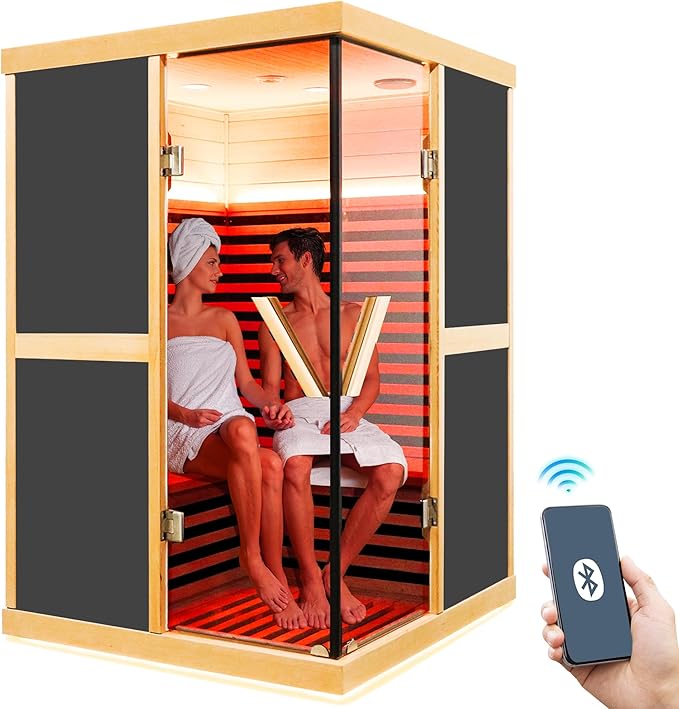 Infrared Sauna 2 Person Saunas Wooden Home Spa Room Canadian Hemlock Wood APP Control 1980W Low-EMF Indoor Saunas, 47.24 * 47.24 * 75.59Inch