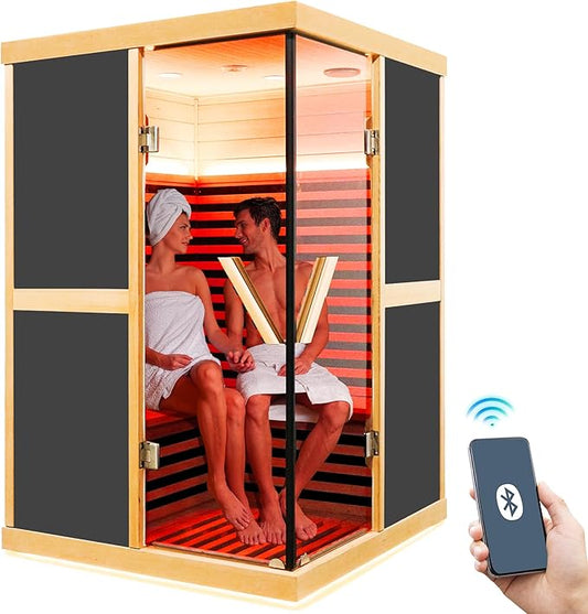 Infrared Sauna 2 Person Saunas Wooden Home Spa Room Canadian Hemlock Wood APP Control 1980W Low-EMF Indoor Saunas, 47.24 * 47.24 * 75.59Inch