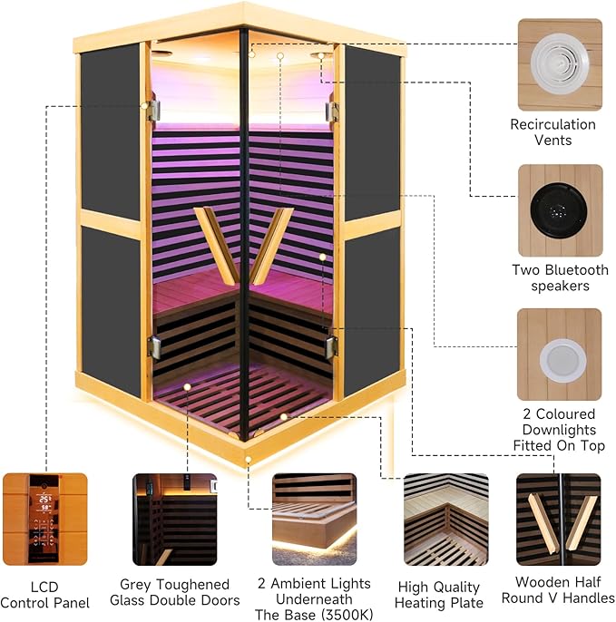 Far Infrared Sauna 2 Person Home Sauna Two Person Sauna 1980W/110V Low EMF Canadian Hemlock Wood Indoor Dry Sauna, With LCD Control Panel/APP/LED lights/Speaker/Grey Glass Door - 47.2*47.2*75.6 IN