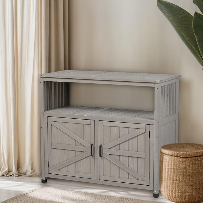 Modern Grey Solid Wood Patio Bar Table Set with Convenient Storage – Ideal Buffet Cabinet Sideboard for Outdoor and Indoor Use!