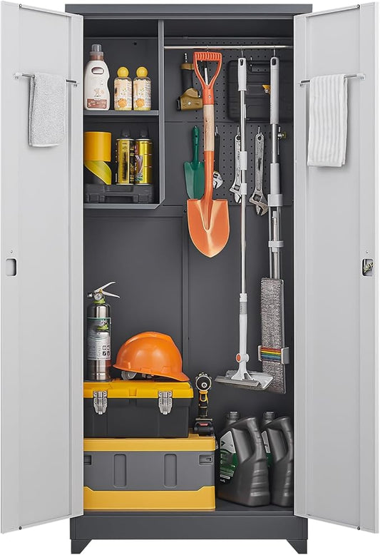 GREATMEET 72.8" Outdoor Broom Storage Cabinet, Waterproof Outdoor Shed, Metal Storage Cabinets for Cleaning Supplies with Slanted Roof, Utility Closet, Broom Mop Cabinet, Grey&White
