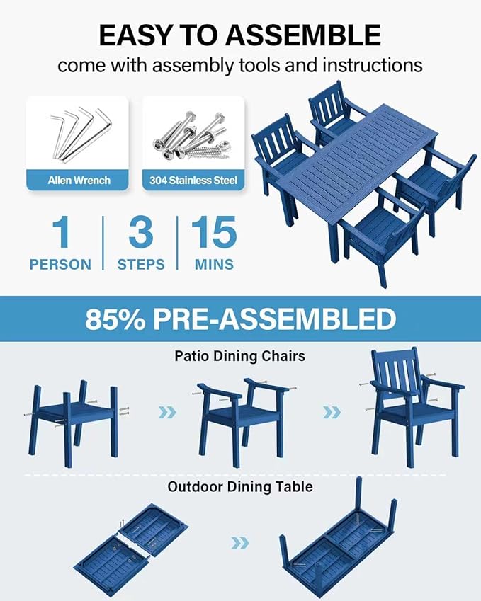 YEFU Patio Dining Chairs Set of 4: All Weather Outdoor Dining Chairs with Wide Curved Seat and Backrest - Outdoor Furniture Plastic for Outside Backyard/Garden/Porch/Deck 350lbs Capacity Blue