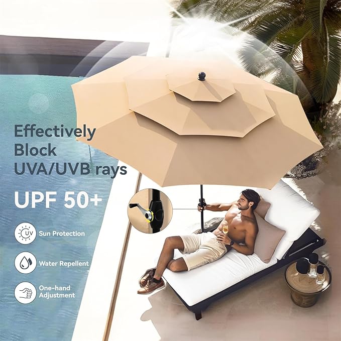 PHI VILLA 5 Pieces Patio Dining Set for 4 with 10ft Patio Umbrella, Metal Outdoor Stackable Wrought Iron Chair Set of 4 & 37" Metal Wood-Like Dining Table,3 Tier Vented Market Table Beige Umbrella