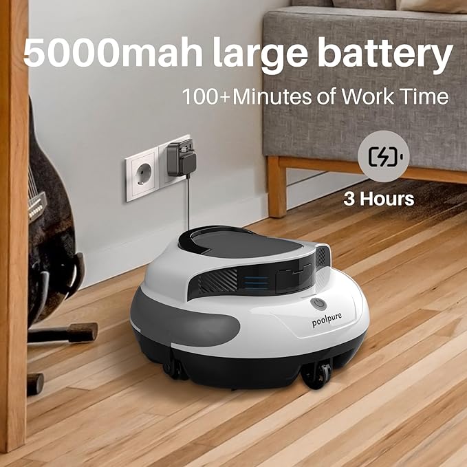 POOLPURE AquaGuard SE II Cordless Robotic Pool Cleaner - 120Min Runtime with 5000mAh Battery, Dual 30W Motor Power for Above Ground & Inground Pools, Auto Cleaning with Self-Parking