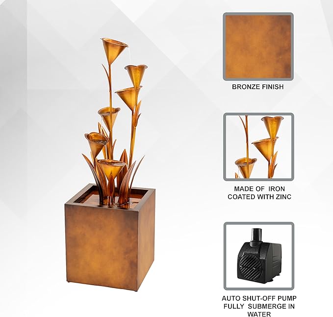 XBrand Metal Sculptural Multi-Tiered Flower Water Fountain, No LED Lights, Bronze, 46" Tall