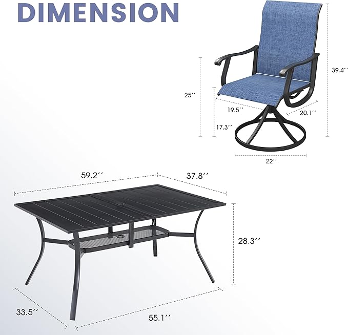VICLLAX 7 Pieces Outdoor Dining Set, Patio Furniture Set of 6 Patio Swivel Dining Chairs and Rectangular Patio Table with Storage Shelf, Navy Blue Chairs & Black Tabletop