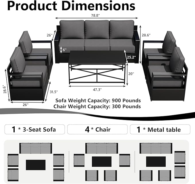 Outdoor Patio Furniture Set, 6-Piece Aluminum Patio Conversation Set All-Weather Metal Outdoor Sectional with 6 Inch Thick Cushions, Deep Setting for Garden, Outside and Porch