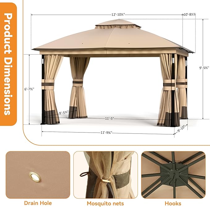 Patio Gazebo 11'x13' with LED Lights & Bluetooth Speaker, Heavy Duty Outdoor Canopy Shelter with Metal Frame, Double Roofs, Soft-top Gazebo with Netting and Curtains for Backyard