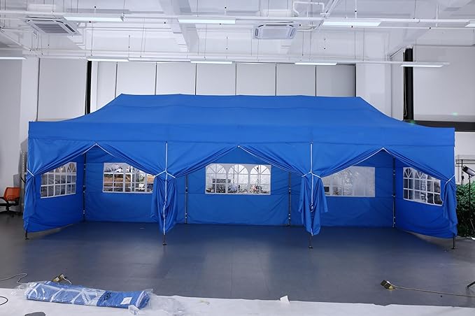 COBIZI 10x30 Pop Up Canopy with 8 Sidewall,Heavy Duty Canopy UPF 50+ All Season Wind Waterproof Commercial Outdoor Wedding Party Tents for Parties Canopy Gazebo with Roller Bag(10 x 30 ft Blue)