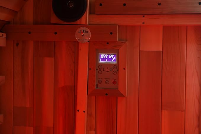 Outdoor Far Infrared Sauna 6 Person, Canadian Red Cedar Barrel Sauna, Extra Large Space with Porch, 220V, 3500 W, 10 Heating Element, Oxygen Bar, USB Radio, Lamps(0-140℉)