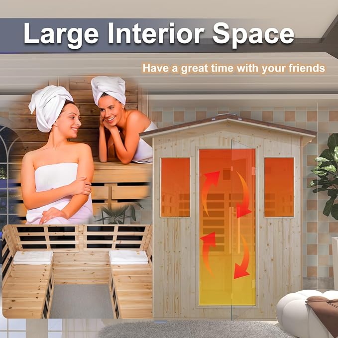 Outdoor Infrared Sauna 4 Person, Spruce Wooden Large Sauna 2600W 240V Heaters Panels With Lcd Display Control Multi Color Light Strip Bluetooth Speaker Oxygen Bar(59.06*47.24*81.89 inch Spruce)