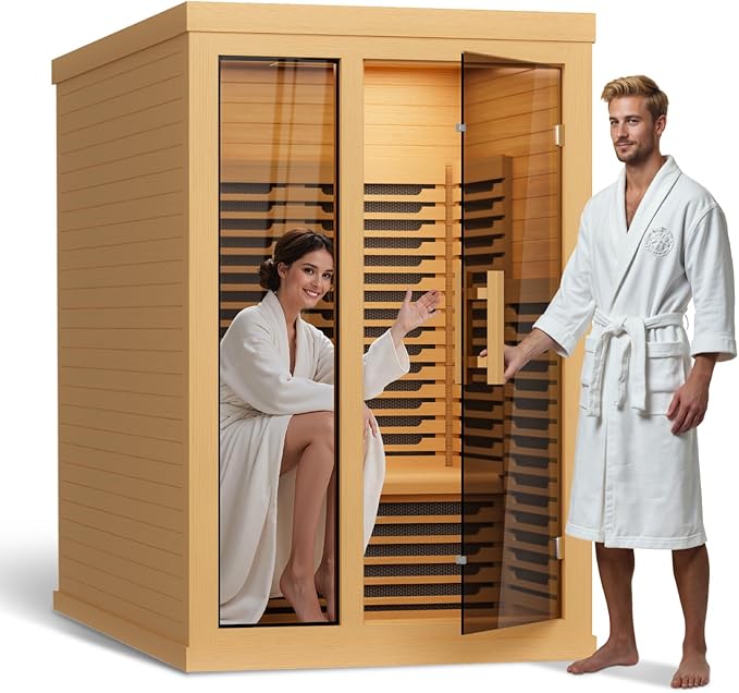 Far Infrared Wooden Sauna Low EMF- 2 Person Personal Sauna for Home Use, Full Spectrum Infrared Sauna, Dual Tempered Glass & Bluetooth Speakers - Indoor Sauna 2000W, Brown
