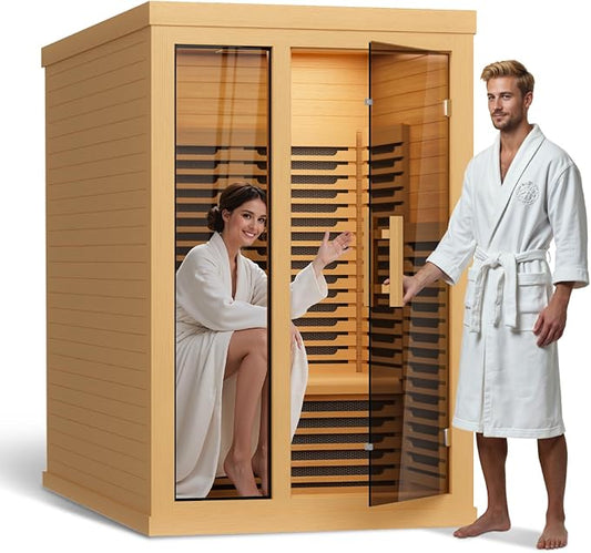 Far Infrared Wooden Sauna Low EMF- 2 Person Personal Sauna for Home Use, Full Spectrum Infrared Sauna, Dual Tempered Glass & Bluetooth Speakers - Indoor Sauna 2000W, Brown