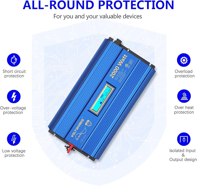 2000Watt Pure Sine Wave Power Inverter 12V DC to 110V 120V AC ETL UL458 Compatible with Lithium Battery Starlink for Off-Grid Solar RV Home Truck with 2.4A USB Ports & 1AC Terminal Block by VOLTWORKS