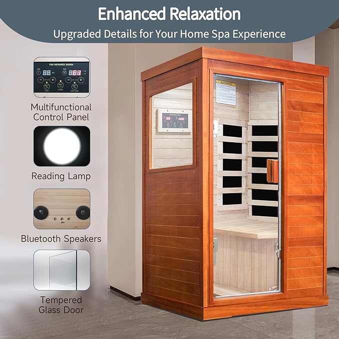 Far Infrared Sauna for Home Dry Sauna for Home Wood Sauna Room 1 Person Infrared Sauna Indoor One Person Sauna Low EMF Okoume Wood Sauna with Control Panel, Speakers and Tempered Glass Door