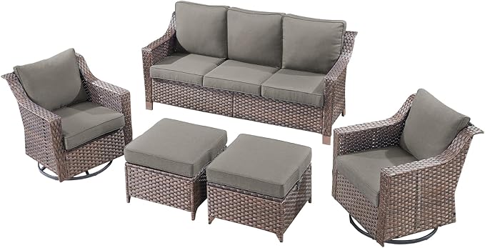 Outdoor Wicker Patio Furniture Set - 5 Piece Outside Rattan Conversation Bistro Dining Chair Sets with Rocking Swivel Chairs, 3-Seat Couch and Ottomans for Porch Yard Balcony – Brown/Grey