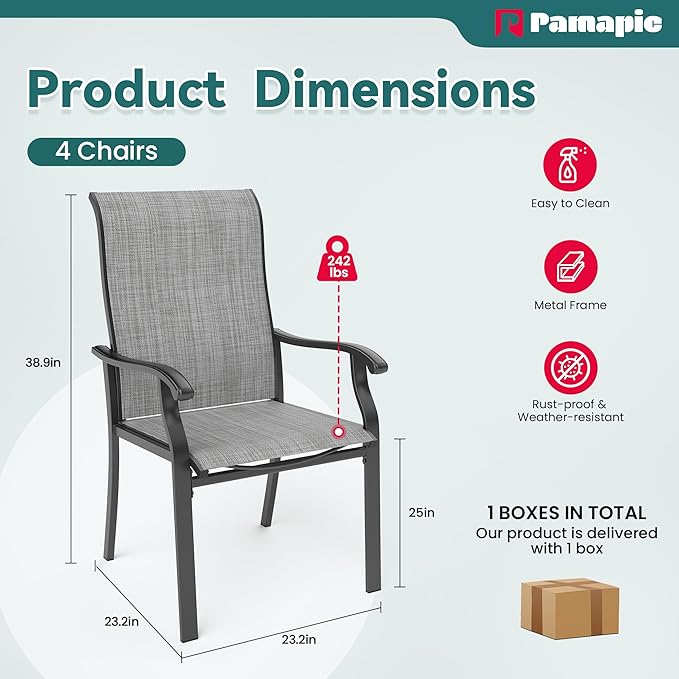 Pamapic Patio Chairs Set of 4, All-Weather Textilene Ergonomic Outdoor Dining Chairs for Garden Backyard Poolside Deck, Gray