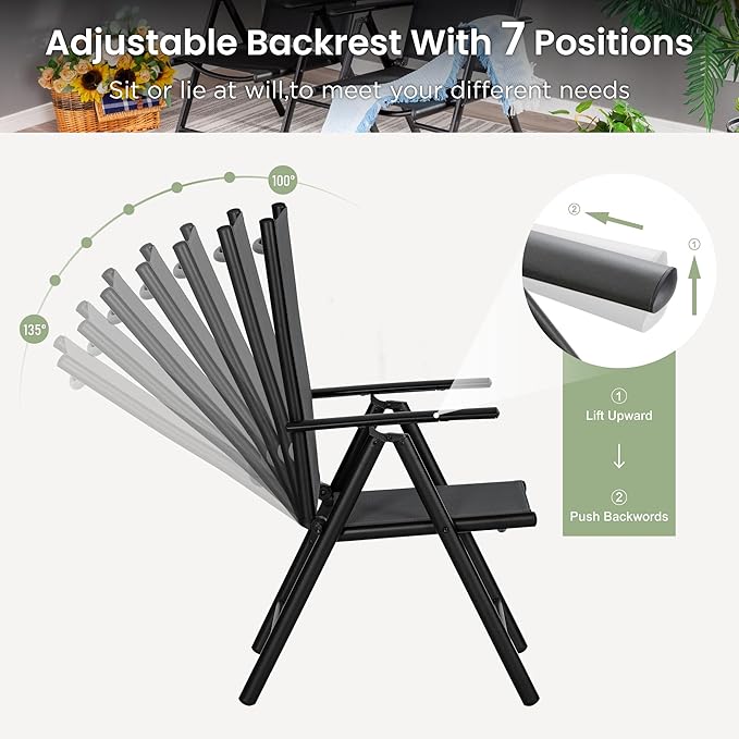 PHI VILLA 7 Piece Patio Dining Furniture Set with Umbrella, Outdoor Table and Chairs for 6, Foldable Patio Dining Chairs (Black) with Adjustable Backrest & Metal Dining Table for Garden, Deck