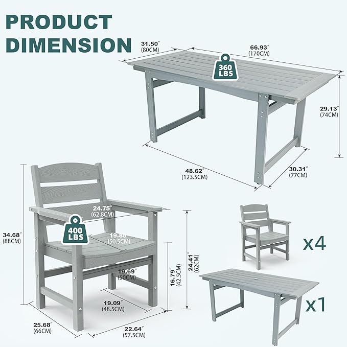5-Piece HIPS Patio Dining Set, Outdoor Dining Table and Chairs Set with Umbrella Hole, Weatherproof Dining Table Set for 4 Person, Patio Furniture Set for Outside Deck, Grey