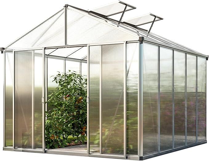 Greenhouse Rubin 5 Aluminum Frame 8.6 x 10.5 ft with Approx. 10 mm Polycarbonate Panels - with 2 Extra Skylights and 4 Automatic Window Openers