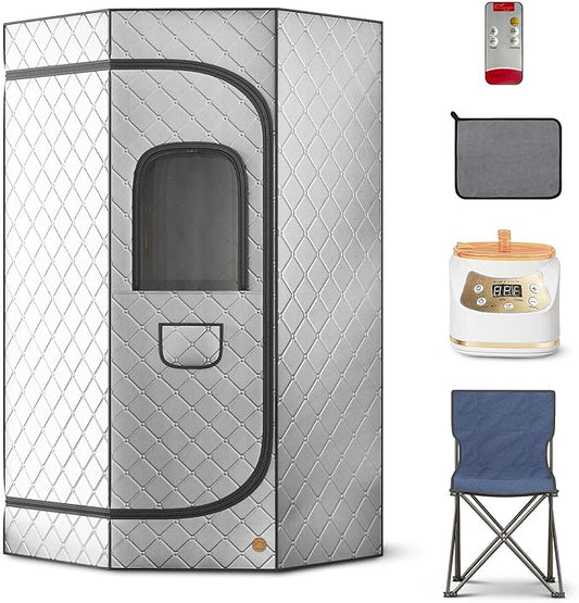 Home Steam Sauna Box, Portable Sauna for Home, Steam Sauna Tnet Full Size Single Person Sauna with 3.0L&1500W Steamer, Remote Control, Foldable Chair & RGB LED Light （Silver）