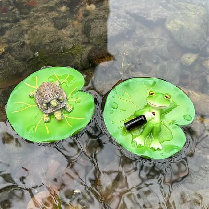2 PCS Turtle and Frog Resin Statues on for Lotus Leaves, Vibrant Green Outdoor Decor for Gardens, Pools, Ponds, Flower Pots - Perfect for Easter, Halloween, Christmas, Garden Decorations