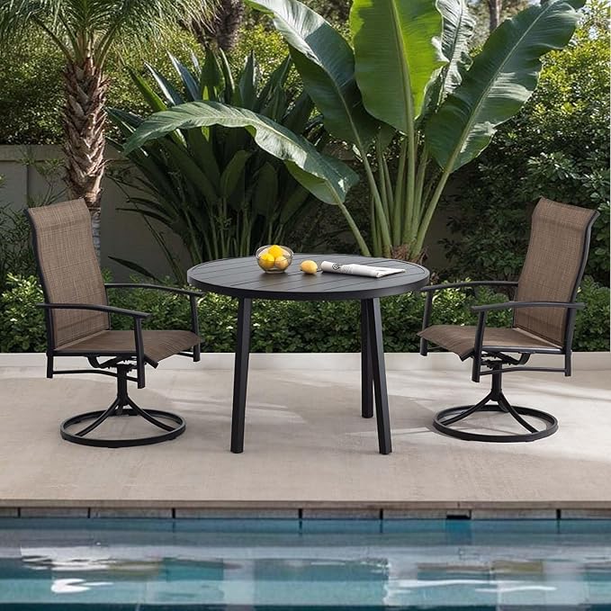 Patio Swivel Chairs Set of 2, Outdoor Swivel Chairs with Armrest, High Back Patio Chair with Metal Frame, All-Weather Outdoor Dining Chair for Deck, Porch and Lawn, Mocha