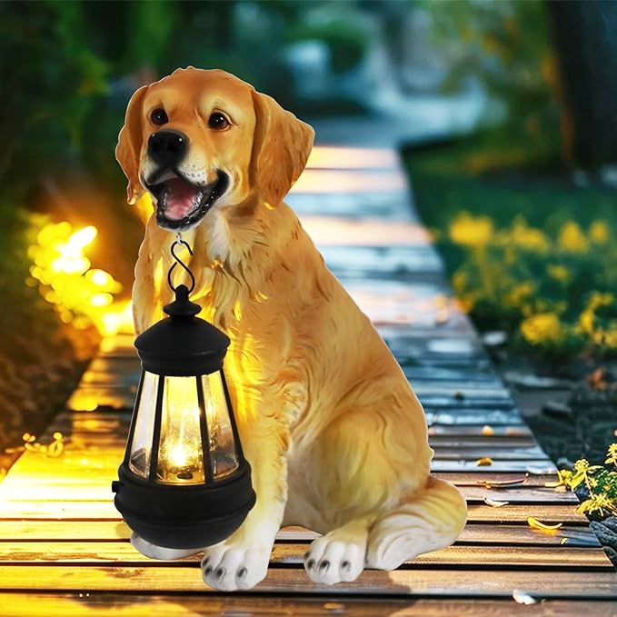 Garden Dog Statues Outdoor Decor, Solar Lights Outdoor Golden Retriever Figurine Solar Dog Ornaments for Patio, Lawn, Yard Art Decoration, Housewarming Garden Gift