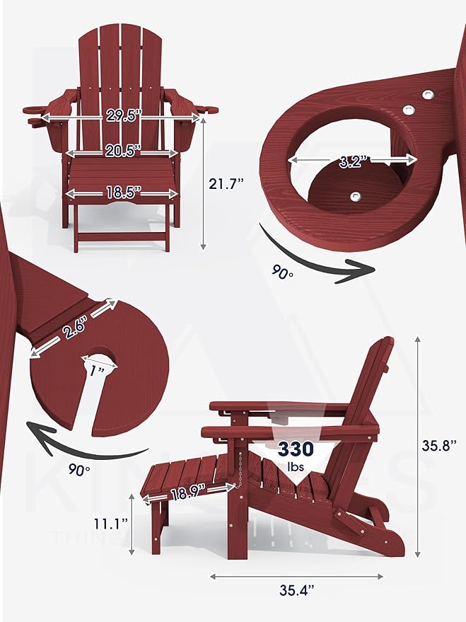 KINGYES Folding Adjustable Adirondack Chair with Ottoman & 2 Cup Holders Set of 4, HDEP Multifunctional Adirondack Chair with Footrest, Red