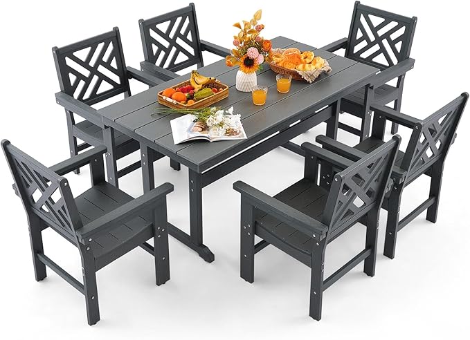 7 Piece HDPE Outdoor Dining Set for 6 Patio Dining Furniture Set with Umberlla Hole, Weather Resistent Outdoor Table and Chairs for Garden, Poolside, Backyard, Deck, Grey