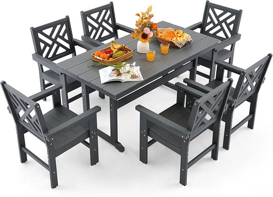 7 Piece HDPE Outdoor Dining Set for 6 Patio Dining Furniture Set with Umberlla Hole, Weather Resistent Outdoor Table and Chairs for Garden, Poolside, Backyard, Deck, Grey