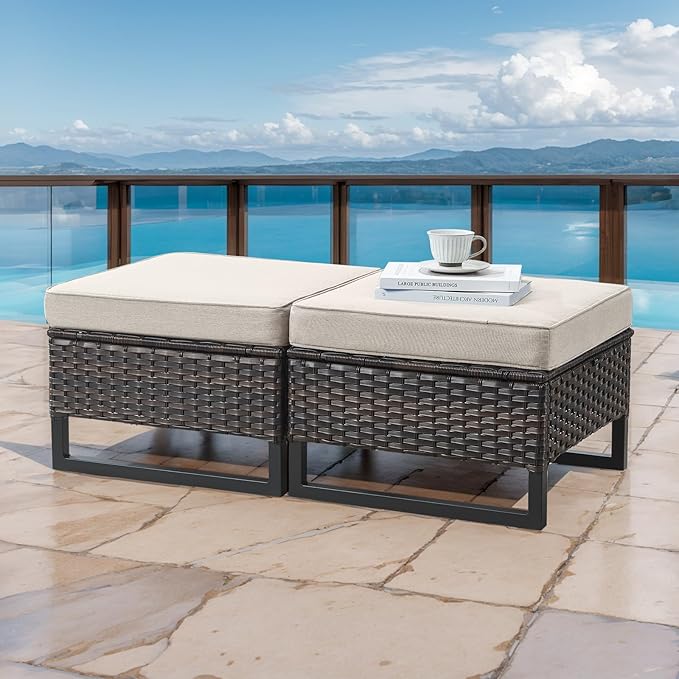 HUMMUH 5 Piece Patio Furniture Outdoor Bistro Set All-Weather Wicker Outdoor Chairs with Ottomans End Table for Patio,Porch,Garden,Backyard