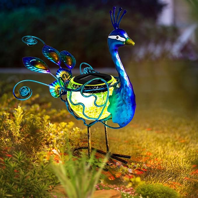HONGLAND Solar Peacock Statue Light, Solar Animal LED Lights Outdoor, Solar Power Figurine Waterproof Metal Peacock Yard Art for Pathway Patio Backyard Decoration Lawn Ornaments, Peacock Blue
