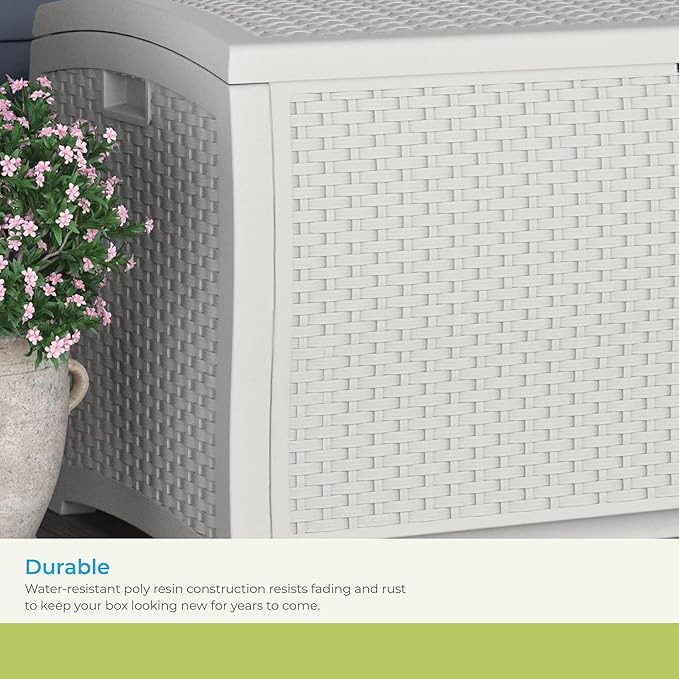 Suncast 99 Gallon Wicker Horizontal Outdoor Deck Box with Hinged Lid, Water-Resistant Storage Solution for Patio, Deck, Yard, and Garage, White, Made in the USA