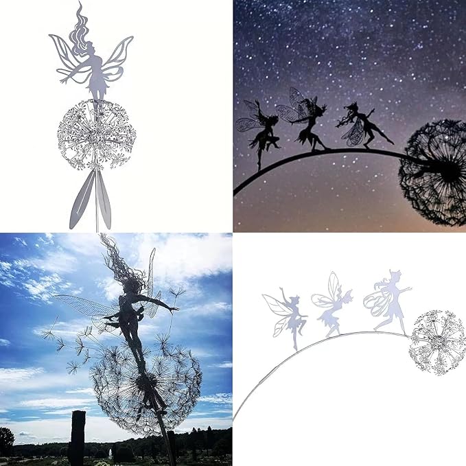 Flower Fairy Dancing with Dandelion, Art Sculpture Fairies for Fairy Garden, Angel Metal Ornaments Gardens Art Sculpture, Outdoor Decorations for The Courtyard, Christmas and Halloween Lawn (B)
