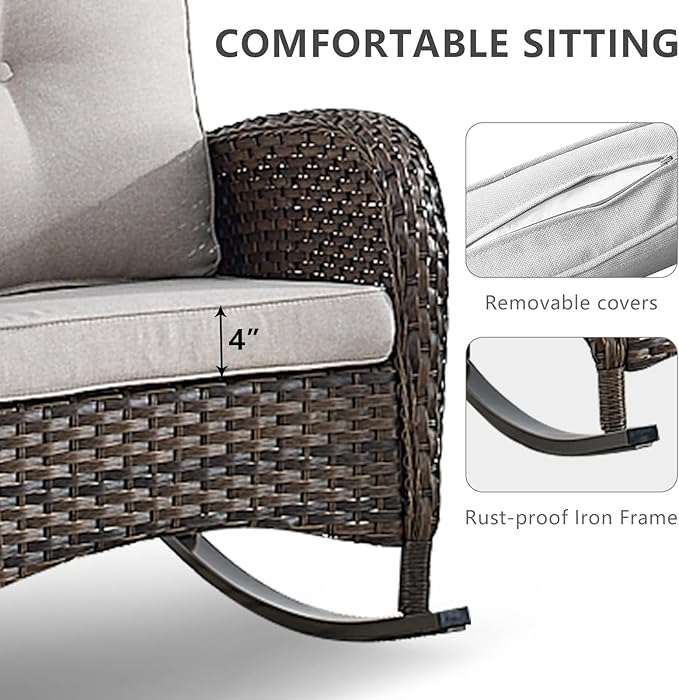 HUMMUH 5-Piece Outdoor Patio Furniture PE Wicker Patio Conversation Set,All-Weather Outdoor Rocking Chairs with Patio Couch Tables for Backyard,Poolside,Deck