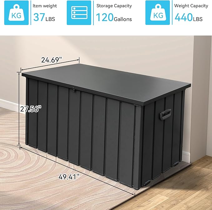 120 Gallon Metal Deck Box,Waterproof Outdoor Storage Box, Large Patio Furniture Storage Chest/Cabinet, Lockable Storage Bench for Porch Package Delivery,Cushions,Tools, Pool, Grey
