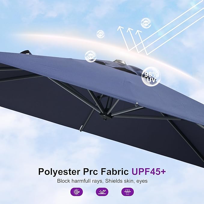 PURPLE LEAF 8' X 8' Patio Umbrella with Base for Pool 7' High Offset Outdoor Cantilever Umbrella Swimming Pool Umbrella with 360°Rotation for Poolside Navy Blue