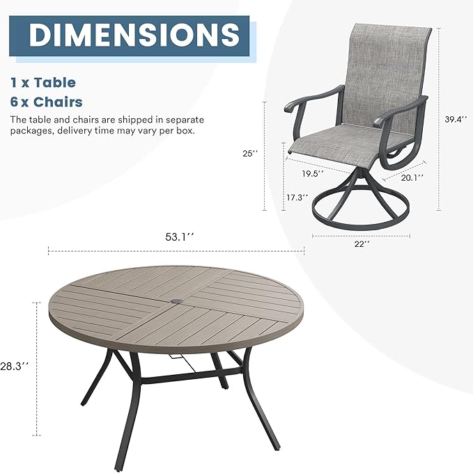 DIFY 7 Pieces Outdoor Patio Dining Set, 6 Grey Textilene Swivel Dining Chairs and 53.1" Grey Wood-Like Round Metal Dining Table, Outdoor Table and Chairs