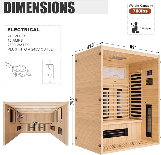 MEISSALIVVE Full Spectrum Sauna for Home, 2~3 Person Indoor Infrared Sauna Room with 10 Minutes Warm-up Heate, Canadian Hemlock Wood Home Infrared Sauna with Bluetooth and Tempered Glass