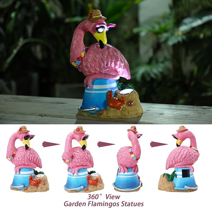 Flamingo Garden Statue Outdoor Decor, Resin Garden Flamingo Figurine Sculpute with Solar Lights for Yard Porch Lawn Decorations, Outdoor Statues Housewarming Flamingo Gifts for Women