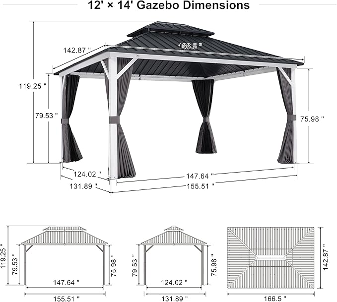 PURPLE LEAF 12' X 14' Hardtop Gazebo,Outdoor White Aluminum Frame Gazebo with Curtain and Netting for Patio, Garden and Backyard