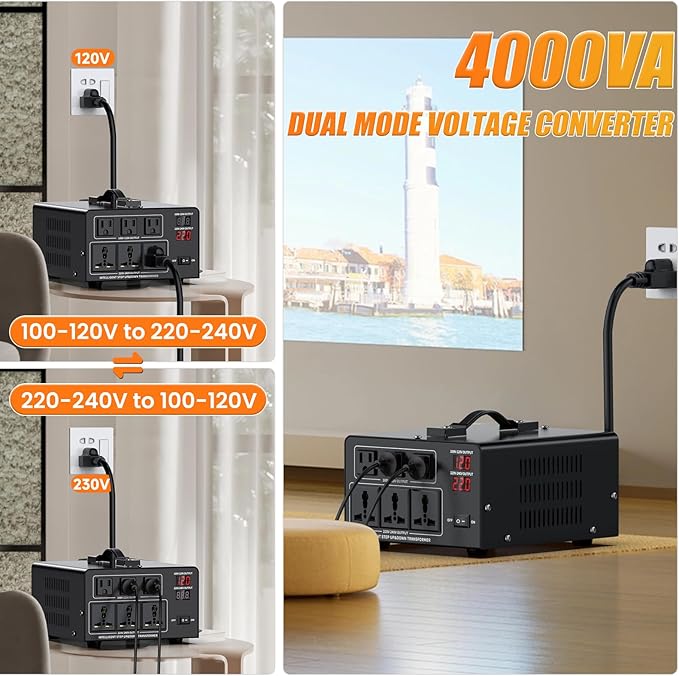 4000W Voltage Converter Transformer Step Up 110V/120V to220V/240V or Step Down 220V to 110V AC Power Converte, Circuit Breaker Protection, 3 US sockets, 3 Universal sockets, LCD Display