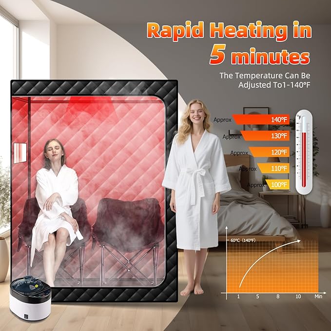 Portable Infrared Steam Sauna with Red Light Therapy Lamp, 2 Person Saunas Tent with 4L Steamer, 2 Large Folding Chairs, Remote Control, Indoor 1 or 2 Person Home Spa for Gym/Pilates/Garage