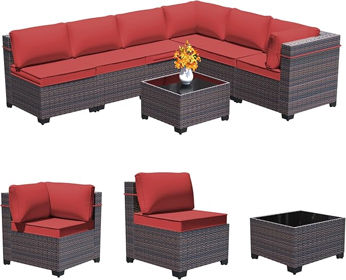 Outdoor Patio Furniture Set, 7 Pieces Outdoor Furniture All Weather Patio Sectional Sofa PE Wicker Modular Conversation Sets with Coffee Table,6 Chairs & Seat Clips(Red)